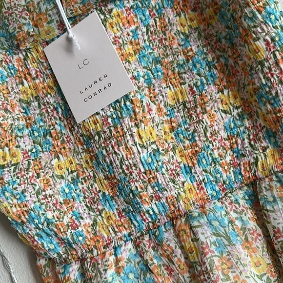 LC Lauren Conrad Ditsy Floral Smocked Ruffle Off-Shoulder Peplum Tank​​​​​​​​​ - Picture 3 of 6